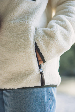 Unisex Sherpa Fleecejacke mit Reißverschluss Olive, Weiß, Cream