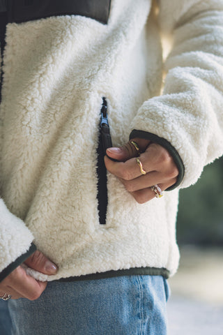 Unisex Sherpa Fleecejacke mit Reißverschluss Olive, Weiß, Cream