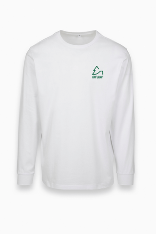 Weißer Longsleeve für Sie und Ihn mit grünem Brust und Backprint von The Clue Clothing.