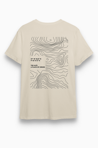 Unisex T-Shirt „Origin“ in Beige mit Backprint von The Clue Clothing