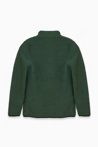 Outdoor Fleecejacke im Sherpa Stil von hinten. Teddyfell Jacke in Olive aus weichem Fleece Material. Angenehm warme Jacke für Outdoor-Aktivitäten und kalte Tage.