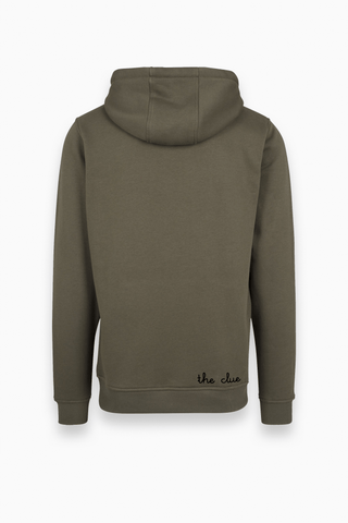 Unisex Classic Hoodie Pullover in Olive mit Backprint von The Clue Clothing